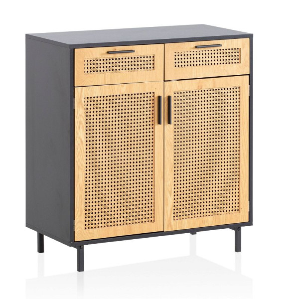 Wohnling Sideboard 80x86,5x40 cm Schwarz mit Wiener Geflecht, Standschrank Wohnzimmer mit 2 Türen und Schubladen, Anrichte Rattan, WL6.830