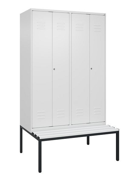 C+P Umkleidespind Classic PLUS, Doppel-Spind, 4 Abteile, 2120x1200x815mm, 9016/9016, Zylinderschlösser, mit untergebauter Sitzbank, 0800527-40P S10029