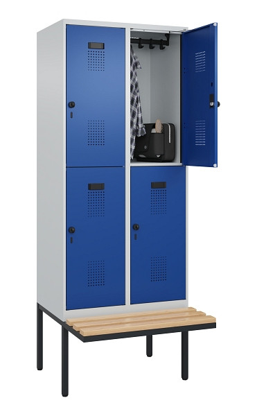 C+P Doppelstock-Spind Evolo PLUS, Bank, 4 Fächer, 2120x800x815mm, 7035/5010, Drehriegel, Sitzfläche Buche-Hartholz, 0493407-22 S10006