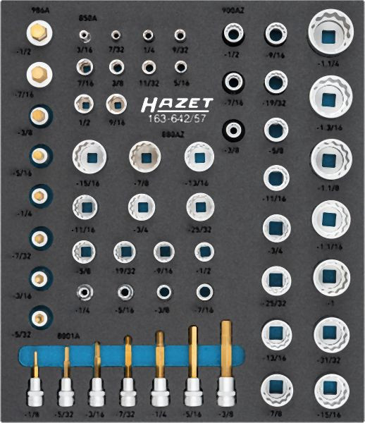Hazet Steckschlüssel Satz, 1/4 Zoll (6,3 mm) Vierkant, 3/8 Zoll (10 mm) Vierkant, 1/2 Zoll (12,5 mm) Vierkant, 163-642/57