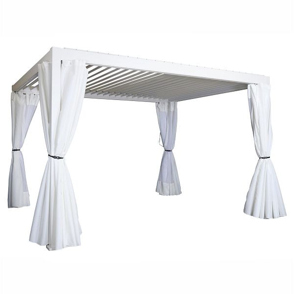 Mendler Pergola HWC-J32, Garten Lamellen-Pavillon, 11cm-Alu-Gestell 4x3m, weiß mit Seitenwand + Moskitonetz weiß, 76937+76938+76939+76940+77048+77384