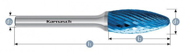 Karnasch Hartmetall-Frässtift Blue-Tec beschichtet Flamme/ HP-1 d1=10 / l2=20 / d2=6 / l1=65mm, VE: 2 Stück, 115077020