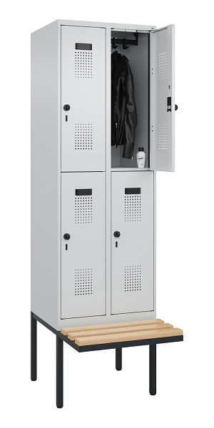 C+P Doppelstock-Spind Evolo PLUS, Bank, 4 Fächer, 2120x600x815mm, 7035/7035, Drehriegel, Sitzfläche Buche-Hartholz, 0493407-20 S10013