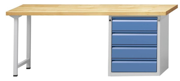 ANKE Werkbänke Kombiwerkbank; 2000x700x850 mm; RAL 7035/5012; Buche-Massiv-Platte 50 mm; Rechts Sockelschrank (E) 625x640x800 mm, 4 Schubladen, 510.933