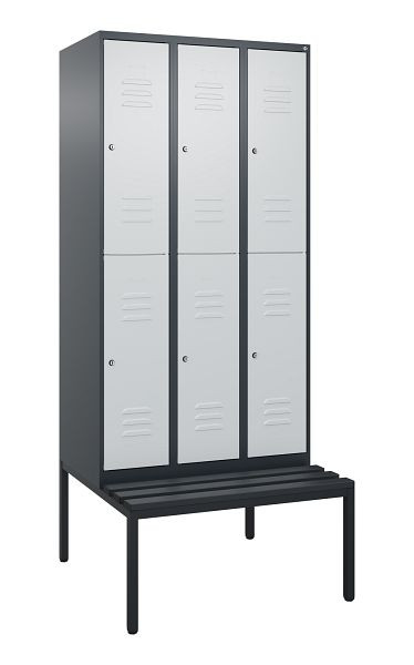 C+P Doppelstöckiger Spind Classic PLUS, 3 Abteile, 2120x900x815mm, 7016/7035, Zylinderschlösser, mit untergebauter Sitzbank, 0803507-30 S10028