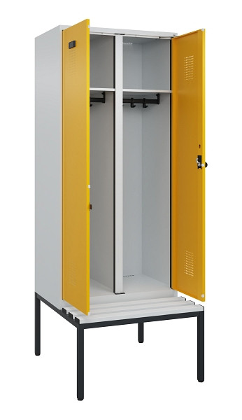 C+P Schwarz-Weiß-Spind Evolo PLUS, Bank, 2 Abteile, 2120x800x815mm, 7035/1004, Drehriegel, Sitzfläche Kunststoff, Sitzbank, 0490527-22 S10054