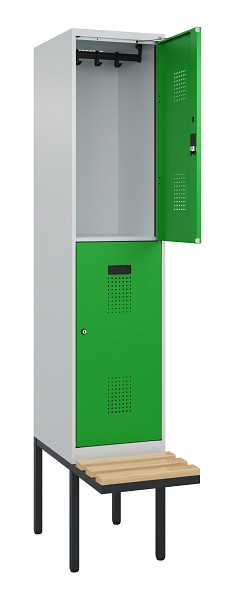 C+P Doppelstock-Spind Evolo PLUS, Bank, 2 Fächer, 2120x400x815mm, 7035/6037, Zylinderschloss, Sitzfläche Buche-Hartholz, 0493407-12 S10038