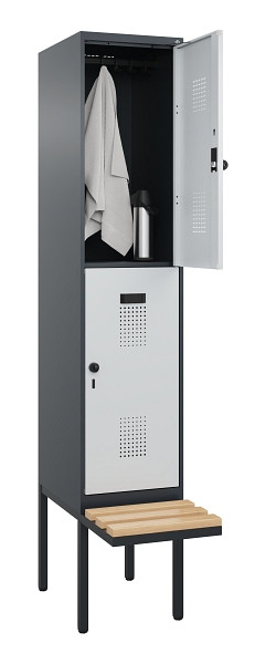 C+P Doppelstock-Spind Evolo PLUS, Bank, 2 Fächer, 2120x400x815mm, 7016/7035, Drehriegel, Sitzfläche Buche-Hartholz, 0493407-12 S10017