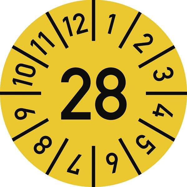 Moedel Prüfplakette Jahr 28 mit Monaten, gelb, Folie-Spezialkleber, Ø 25 mm, VE: 10 Stück/Bogen, 107009