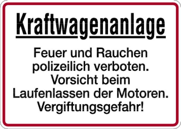 Schilder Klar Hinweisschild Kraftwagenanlage Rauchen verboten, 350x250x0.45 mm Aluminium geprägt, 525/21