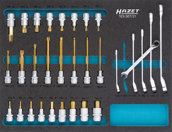 Hazet Steckschlüssel Satz, Vierkant hohl 12,5 mm, Außen-Doppel-Sechskant-Tractionsprofil, Innen-Sechskant Profil, Innen Vielzahn Profil XZN, 163-367/31