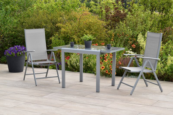 Merxx Amalfi Set 3-teilig, 2 Amalfi Klappsessel, Rückenlehne verstellbar, 1 Ausziehtisch 80 (120) x 70 cm, matte Glasplatte, Silber/diamantbraun, 50877-330