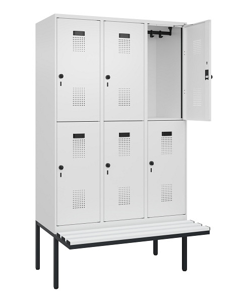 C+P Doppelstock-Spind Evolo PLUS, Bank, 6 Fächer, 2120x1200x815mm, 9016/9016, Drehriegel, Sitzfläche Kunststoff, 0493407-32 S10101