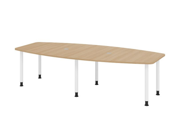 Hammerbacher Konferenztisch KT28C, 280 x 130 cm, Platte: Eiche, 25mm dick, Sechs-Fuß-Gestell Weiß, Rundrohr 6 cm, Arbeitshöhe 72-74 cm, VKT28C/E/W