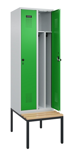 C+P Spind Evolo PLUS, 2 Abteile, 2120x600x815mm, 7035/6037, Drehriegel, Sitzfläche Buche-Hartholz, Sitzbank, 0490507-20F S10011