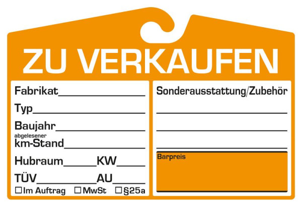 Eichner Verkaufsschild zur Befestigung am Innenspiegel, Orange, Preisfeld: neutral, VE: 25 Stück, 9220-00110