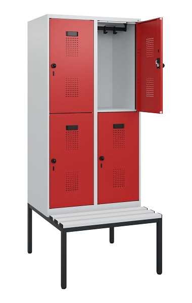 C+P Doppelstöckiger Spind Evolo PLUS, Bank, 4 Fächer, 1950x800x815mm, 7035/3000, Drehriegel, Sitzfläche Kunststoff, Sitzbank, 0493505-22 S10087