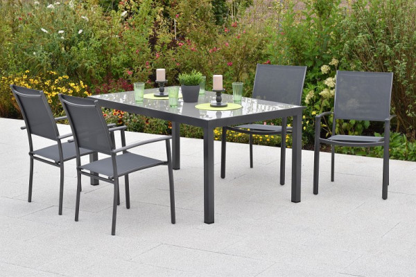 Merxx Milano Set 5-teilig, 4 Milano Stapelsessel, graphit/grau, 1 rechteckiger Tisch, 150 x 90 cm, 51046-309