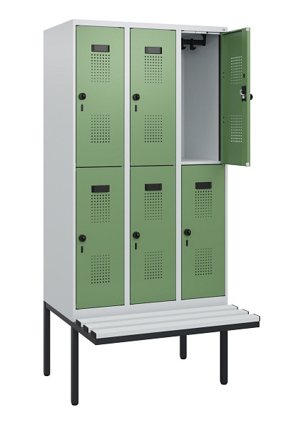 C+P Doppelstock-Spind Evolo PLUS, Bank, 6 Fächer, 1950x900x815mm, 7035/6011, Drehriegel, Sitzfläche Kunststoff, 0493405-30 S10101