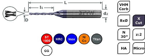 SPPW Micro-Bohrnutenfräser VHM+X.Cut 8xØ L: 39x2,4 z:2 d3 Ø0,30, 6785100030
