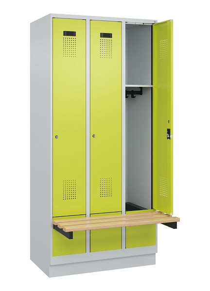 C+P Spind Evolo PLUS, 3 Abteile, 1950x900x815mm, 7035/0024, Zylinderschloss, Sitzfläche Holz, mit Sockel, 049040-30 S10042