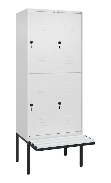 C+P Doppelstöckiger Spind Classic PLUS, 2 Abteile, 2120x800x815mm, 9016/9016, Drehriegel, mit Untergestell und schwebender Sitzfläche, 0803407-22 S10119