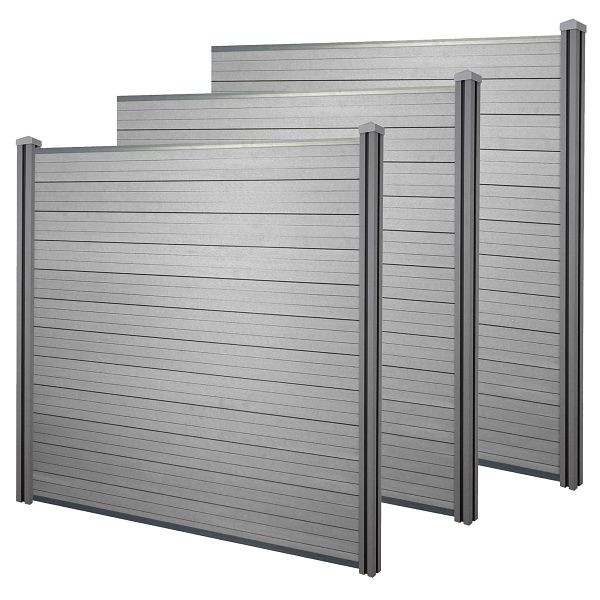 Mendler WPC-Sichtschutz Sarthe, Windschutz Zaun, WPC-Pfosten, 3er Set, 5,7m grau, 61677