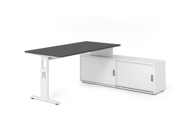 Hammerbacher Aufsatz-Schreibtisch OSE16, 160x80cm, Platte: Graphit, 25mm dick, T-Fuß Gestell Weiß, Weiß / Weiß, VOSE16SB/G/W/W/W