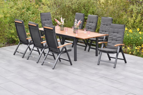 Merxx Tilos Set 17-teilig, 8 Tilos Klappsessel, 8 Kissen, uni grau, 1 Ausziehtisch, 180 (250) x 100 cm, Aluminium mit FSC Akazienholz, 50789-800