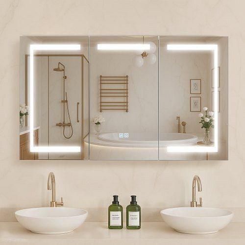 VEVOR beleuchteter Medizinschrank mit Spiegel (100 x 60 cm), 3-farbig dimmbarer LED, Memory-Funktion, Steckdosen, USB, LEDJXJJ10060UUEBZ001V2