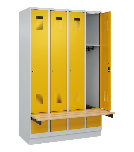 C+P Spind Evolo PLUS, 4 Abteile, 1950x1200x815mm, 7035/1004, Zylinderschloss, Sitzfläche Holz, mit Sockel, 049040-40 S10027