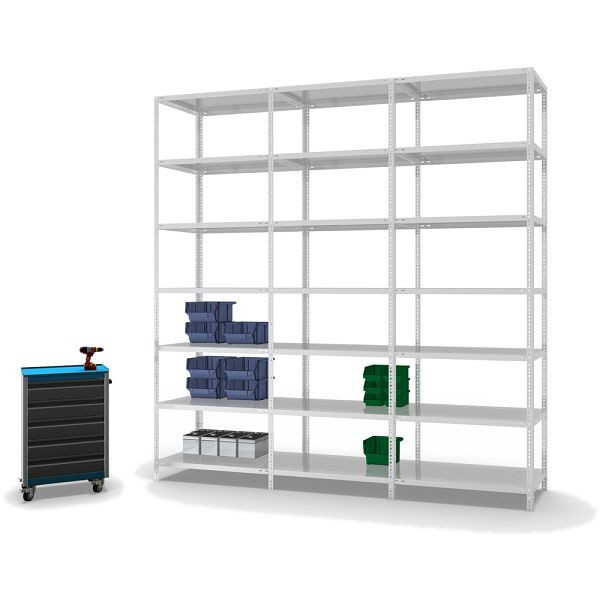 hofe Fachboden-Grundregal, 3000x600x1000 mm, 7 Fachebenen, RAL 7035, 200 kg Fachlast, 1400 kg Feldlast, zweiseitige Bedienung, WKG30610M