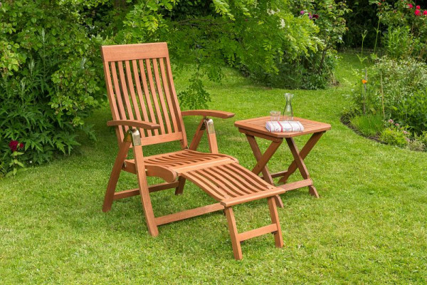 Merxx Comodoro Set 2-teilig, 1 Comodoro Klappsessel, 5-fach verstellbar, mit Fußteil, 1 Klapphocker, 50 x 50 cm, FSC Eukalyptusholz, 50001-011