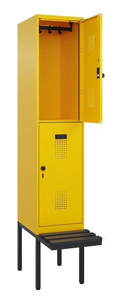 C+P Doppelstock-Spind Evolo PLUS, Bank, 2 Fächer, 2120x400x815mm, 1023/1023, Drehriegel, Sitzfläche Kunststoff, 0493407-12 S10103
