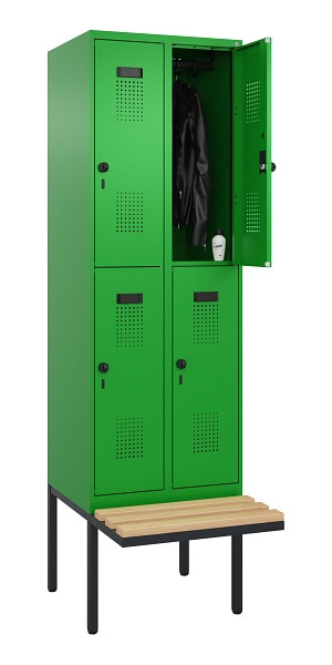 C+P Doppelstock-Spind Evolo PLUS, Bank, 4 Fächer, 2120x600x815mm, 6037/6037, Drehriegel, Sitzfläche Buche-Hartholz, 0493407-20 S10026