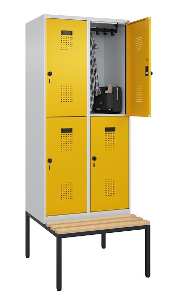 C+P Doppelstock-Spind Evolo PLUS, Bank, 4 Fächer, 2120x800x815mm, 7035/1004, Drehriegel, Sitzfläche Buche-Hartholz, Sitzbank, 0493507-22 S10000