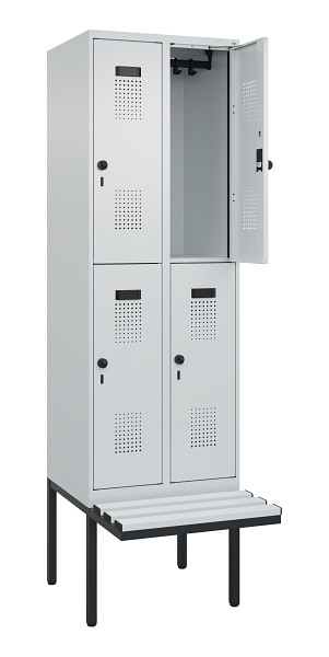 C+P Doppelstock-Spind Evolo PLUS, Bank, 4 Fächer, 2120x600x815mm, 7035/7035, Drehriegel, Sitzfläche Kunststoff, 0493407-20 S10094