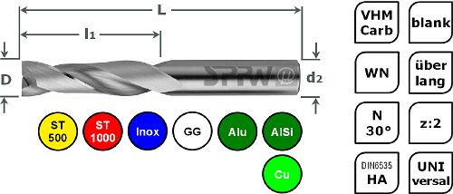 SPPW Universalfräser VHM z:2 WN N30° L: 150x75 Ø16, 6626401600