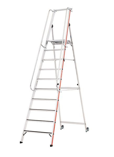 HYMER Plattformleiter R13 mit Kipprollen und langem Handlauf, 10 Stufen, Standhöhe 2,35 m, 868110