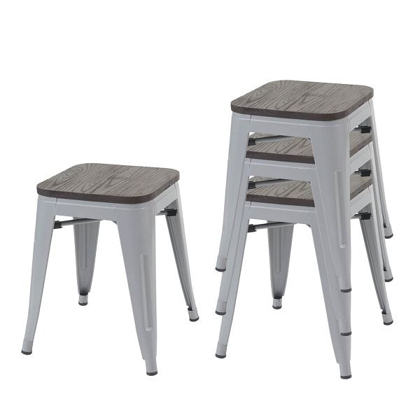 Mendler 4er-Set Hocker HWC-A73 inkl. Holz-Sitzfläche, Metallhocker Sitzhocker, Metall Industriedesign stapelbar, grau, 70773