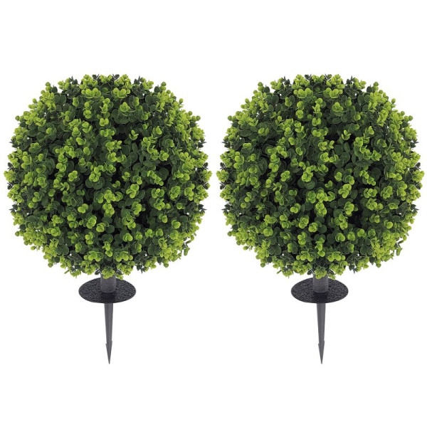 HOMCOM 2er-Set Kunstpflanzen, Künstliche Buchsbaumkugeln mit Bodenpfahl, für drinnen und draußen, UV-beständig, Grün, 83C-007V00GN