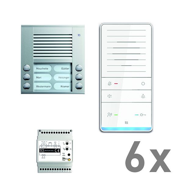TCS Türkontrollsystem audio:pack AP für 6 Wohneinheiten, mit Außenstation PES 6 Klingeltasten, 6x Freisprecher ISW5031, Steuergerät BVS20, PAAF062/001