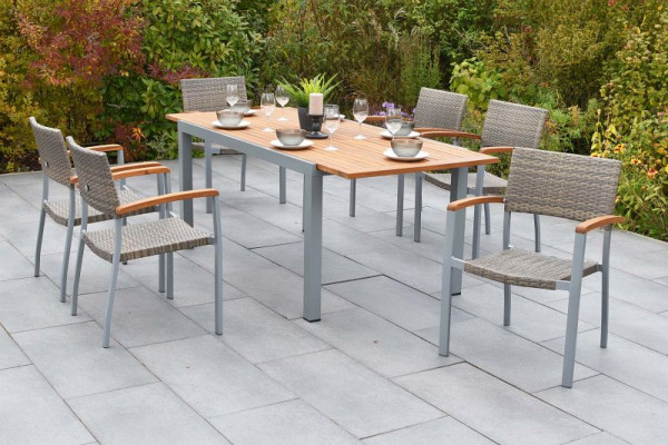 Merxx Silano Set 7-teilig, 6 Silano Stapelsessel, 1 Ausziehtisch 150 (200) x 90 cm, Silber/graubeige, 50728-258