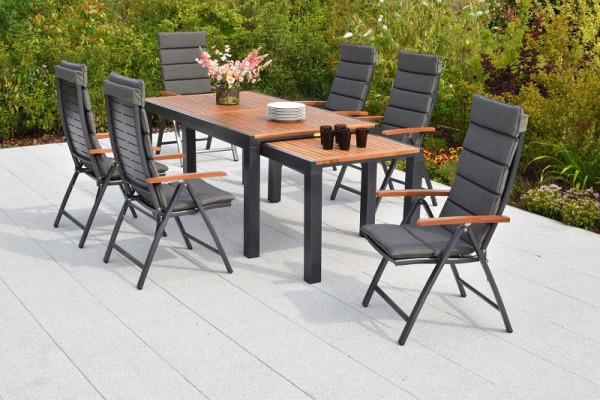 Merxx Tinos Set 13-teilig, 6 Tinos Klappsessel, Holzoptik, 6 Auflagekissen, grau, 1 Flex Ausziehtisch 180/180 x 100/83 x 80/74 cm, 50463-800
