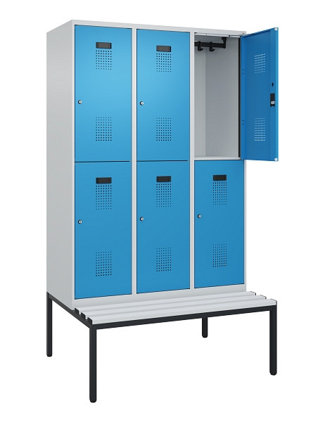C+P Doppelstock-Spind Evolo PLUS, Bank, 6 Fächer, 2120x1200x815mm, 7035/5012, Zylinderschloss, Sitzfläche Kunststoff, Sitzbank, 0493507-32 S10115