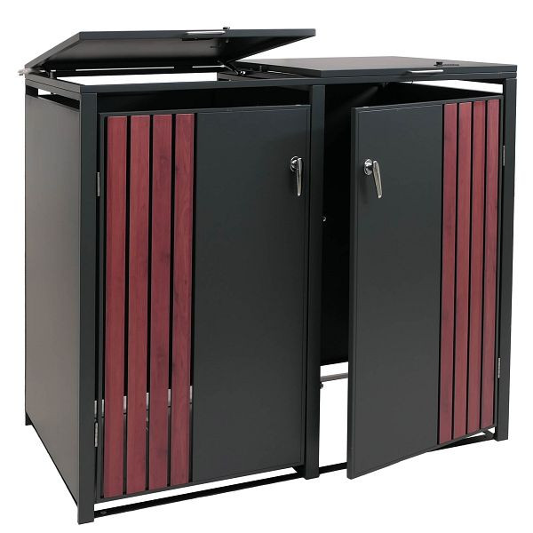Mendler 2er-Mülltonnenverkleidung HWC-O67, Mülltonnenbox mit Deckel, Metall 122x132x84cm 53kg, anthrazit Holzoptik dunkel, 122334+122335