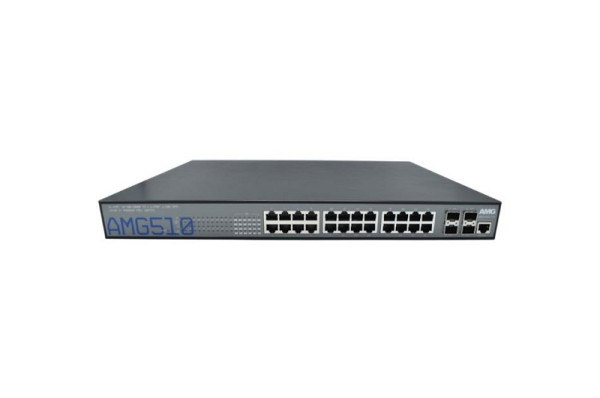 AMG Systems Managed Switch, 24 x 1GBT 30W PoE (460W max.), 4 x 1/10GFX SFP Slots, 2 Netzteile, AMG510-24GAT-4XS-P460