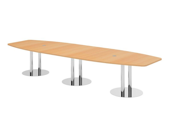 Hammerbacher Konferenztisch KT40S, 400 x 130 cm, Platte: Buche, 25mm dick, mit drei verchromten Säulenfüßen, 7,6/70 cm, Arbeitshöhe 74 cm, VKT40S/6/C