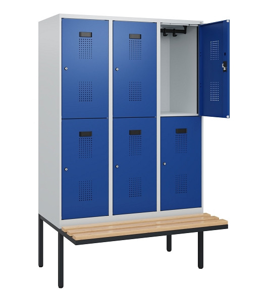 C+P Doppelstock-Spind Evolo PLUS, Bank, 6 Fächer, 1950x1200x815mm, 7035/5010, Zylinderschloss, Sitzfläche Buche-Hartholz, 0493405-32 S10029