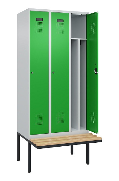 C+P Spind Evolo PLUS, 3 Abteile, 2120x900x815mm, 7035/6037, Haken 4, Zylinderschloss, Sitzfläche Holz, 0490407-30F S10038